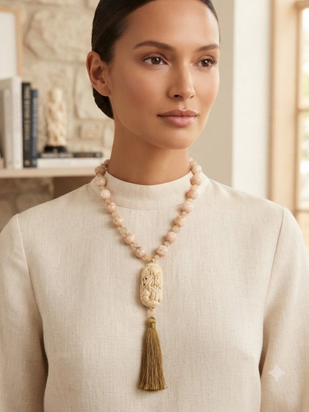 Carved Faux Ivory Tassel Beaded Necklace